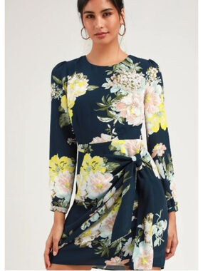 Socialite Tie-Front Long-Sleeve Dress Lined Navy Floral sz L